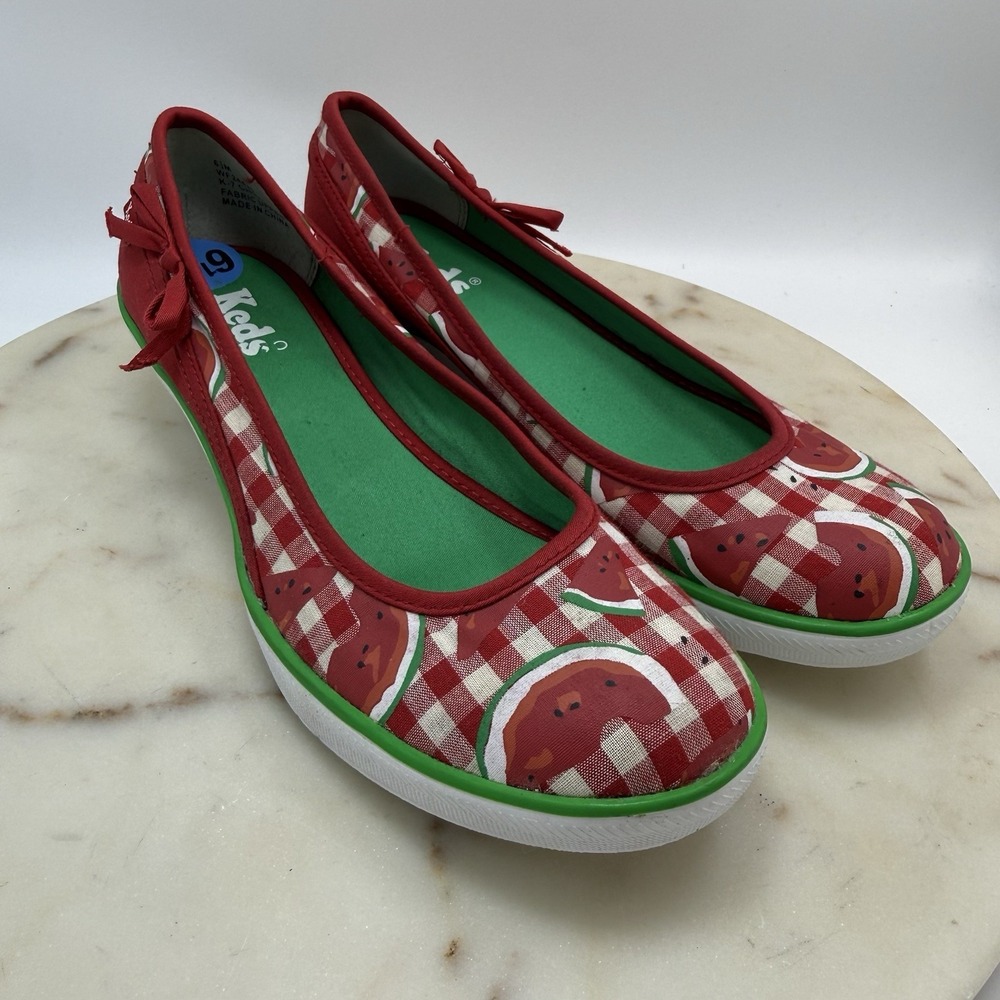 Keds Red White Gingham Watermelon Print Slip On Bow Platform Shoes Size 6.5M